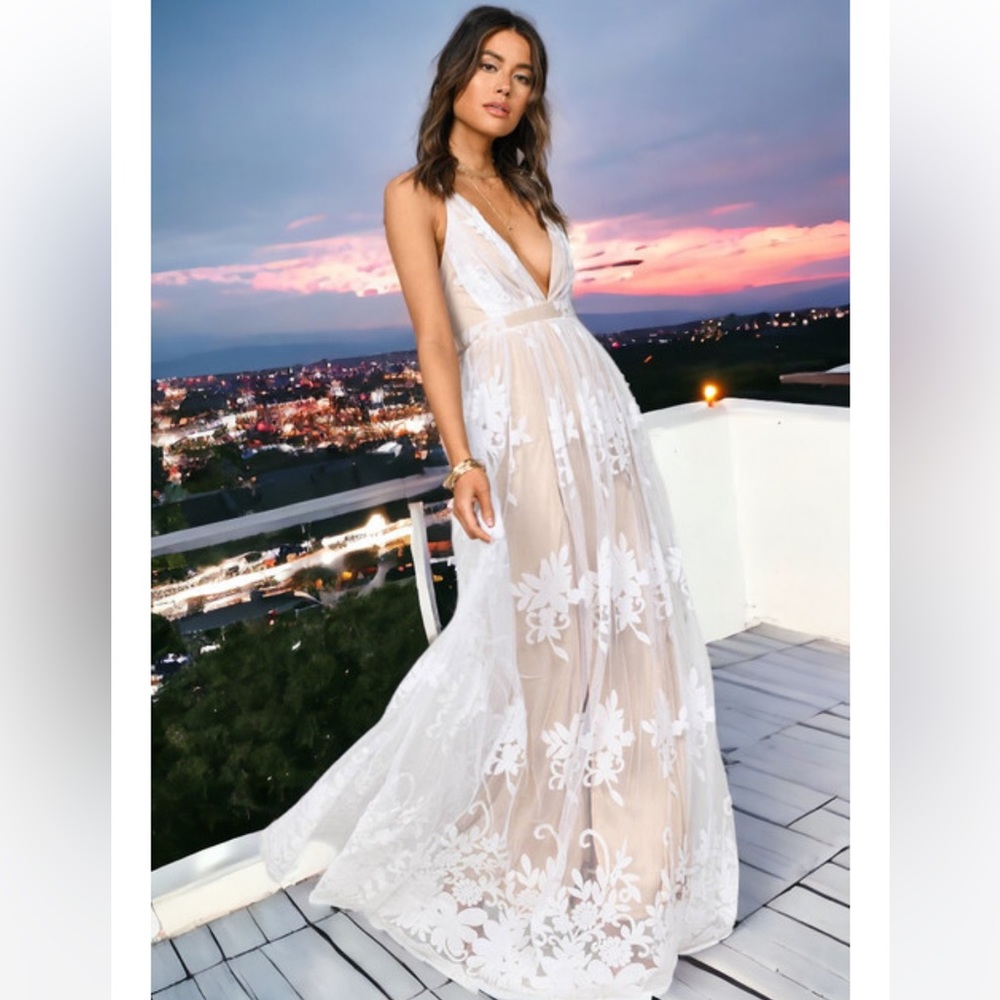 NWT Floral Boho Open Back V Neck Wedding Bridal Long Maxi Dress White Nude Large